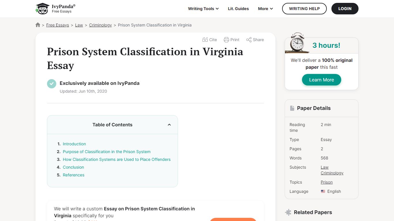 Prison System Classification in Virginia - 568 Words | Essay Example